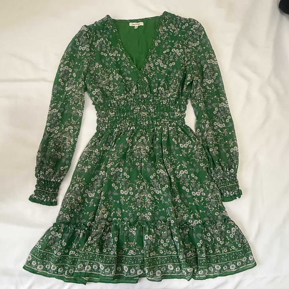 MAX STUDIO Green Floral Print Smocked Waist Long Sleeve Mini Dress Size S - Picture 2 of 12
